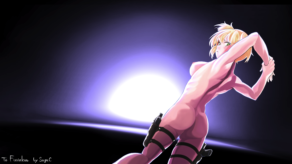 Welrod standing naked and stretching her arms, wearing her leg holsters