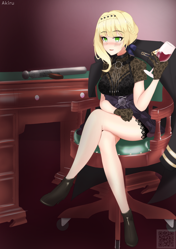 Welrod sitting on a chair holding a glass of red wine
