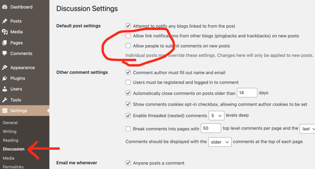 Screenshot showing how to disable commenting in the WordPress Settings interface